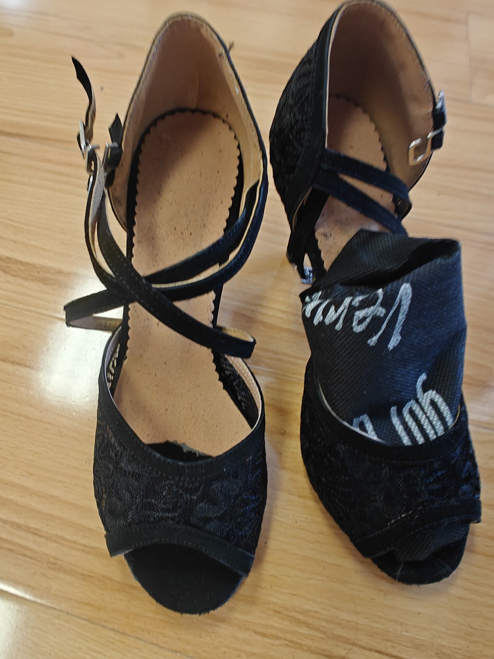 Black Lace Peep-Toe Strappy Dance Heels